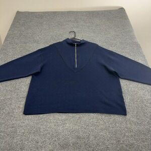 Vintage Blanc Bleu Sweater Mens One Size Navy Blue Wool Blend Quarter Zip Retro